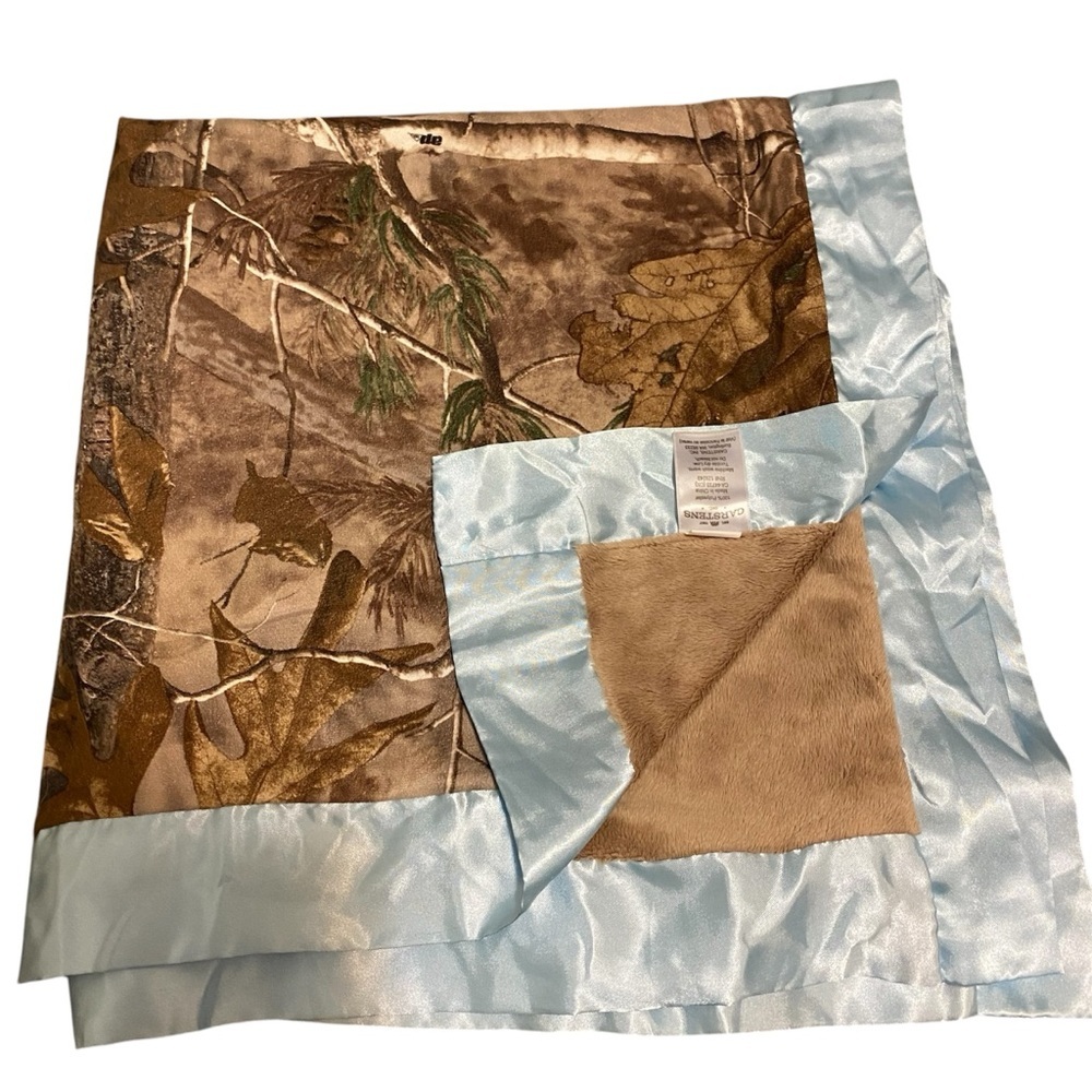 Carstens Realtree AP Camo Baby Blanket Blue Satin Trim Faux Suede Camouflage Boy